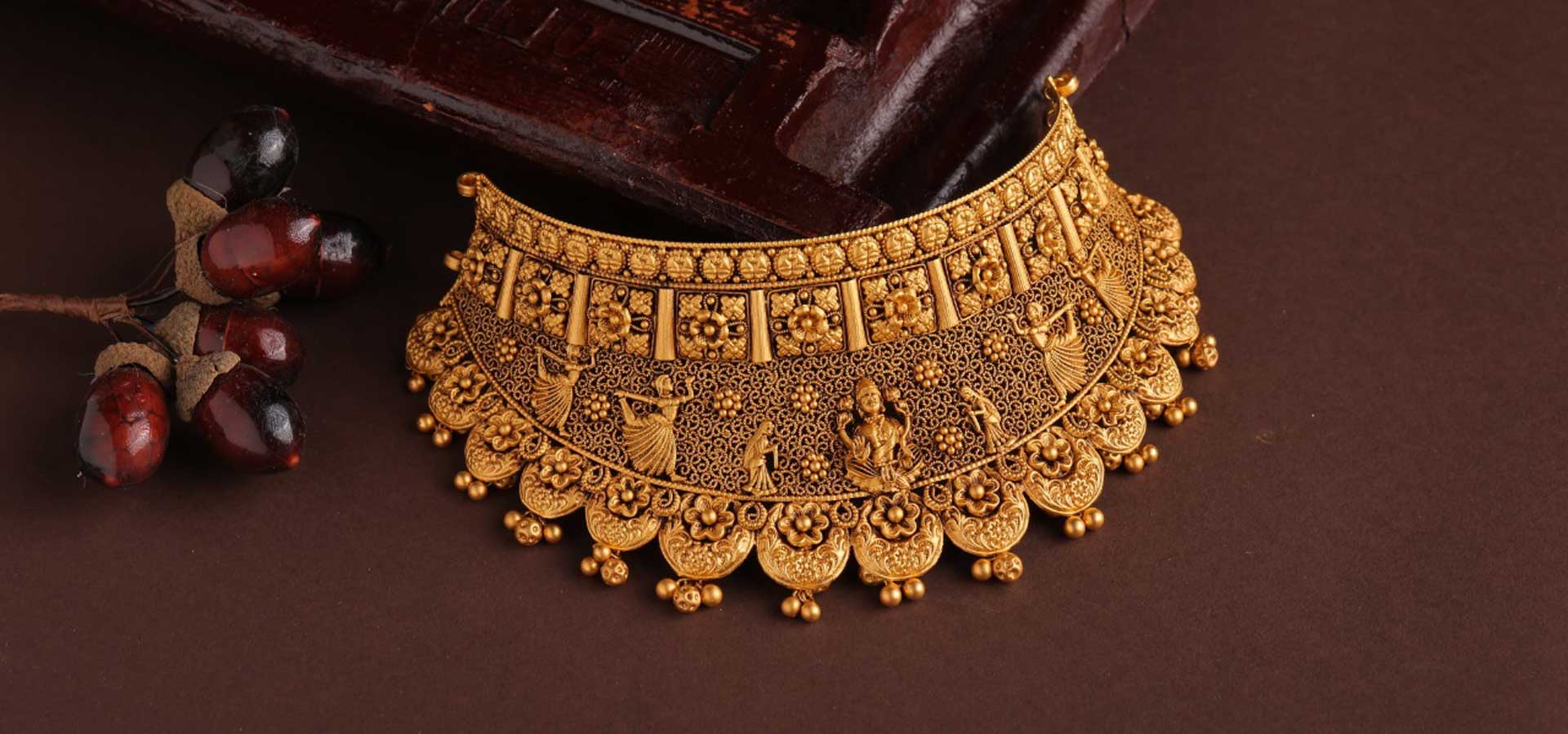 Konikkara antique temple choker with hand-cast deity motifs in 22kt gold